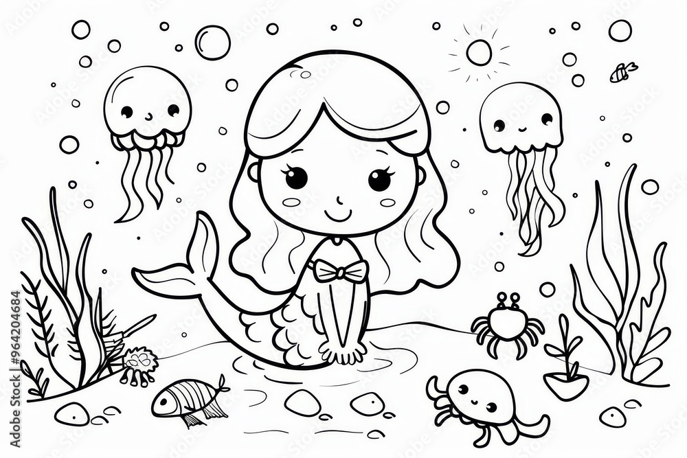 Cute Kawaii mermaid swimming with crabs, kids coloring page with minimalistic line drawings, bold black lines, white background, jellyfish, bubbles. Cute Kawaii mermaid swimming with crabs, kids coloring page with minimalistic line drawings, bold black lines, white background, jellyfish, bubbles.