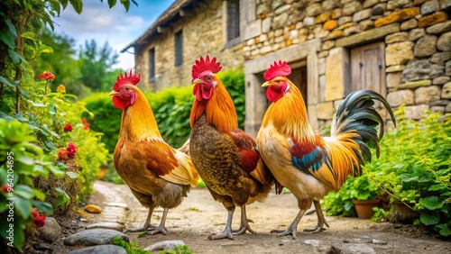 Three majestic hens with radiant plumage, one with a vibrant rooster-like comb, strut across a rustic French farmyard, surrounded by verdant vines and rustic stone walls.