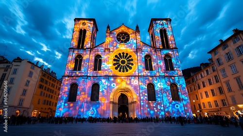 Fototapeta Naklejka Na Ścianę i Meble -  Experience the Festival of Lights in Lyon, France, where buildings and streets are illuminated in a dazzling display of art and light. 
