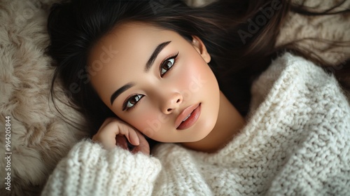 portrait of a pretty woman posing lying on a bed