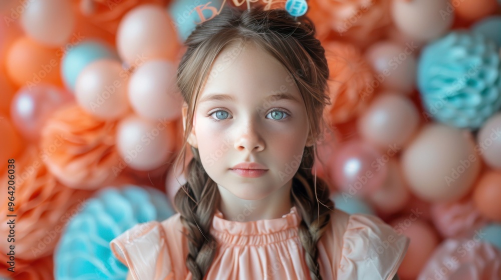 portrait of a little girl on a background of balloons and ribbons portrait of a little girl on a background of balloons and ribbons