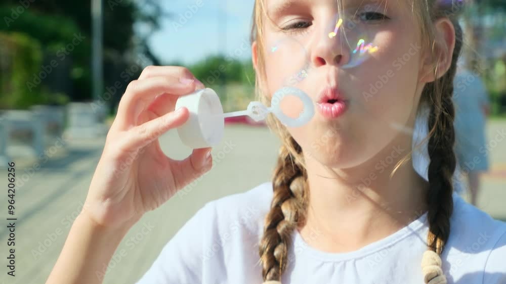 Little Girl Blowing Soap Bubbles Having Fun Playing Outside, Child Innocence and Curiosity. Kid Blowing Soap Bubbles in Park, Garden and Nature, Having Fun, Joy and Childhood Development, Freedom. Little Girl Blowing Soap Bubbles Having Fun Playing Outside, Child Innocence and Curiosity. Kid Blowing Soap Bubbles in Park, Garden and Nature, Having Fun, Joy and Childhood Development, Freedom.