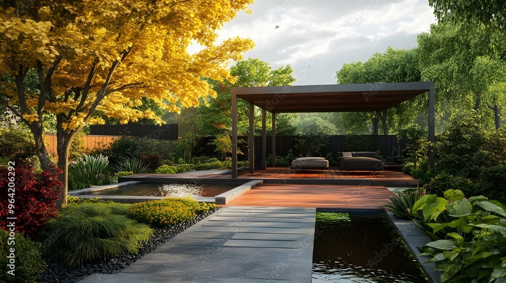 Obraz premium Contemporary garden retreat with natural elements for ultimate relaxation image