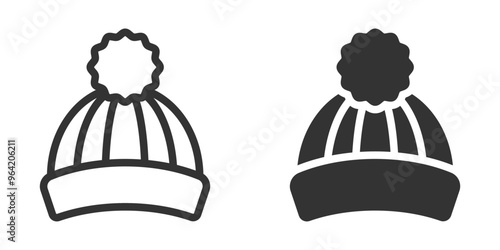 Minimalist vector illustration of a winter hat with a pom-pom, shown in outline and filled styles.