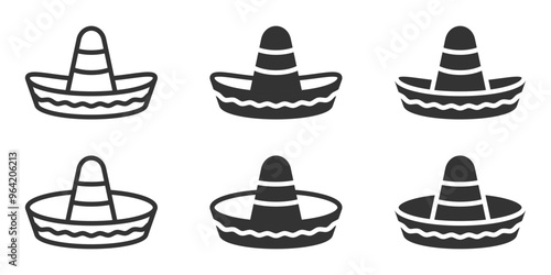 Minimalist vector illustration of traditional sombreros in outline and filled styles.