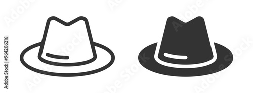 Minimalist vector illustration of a fedora hat in outline and filled styles.