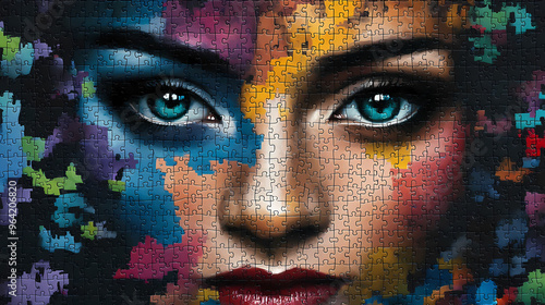 A mosaic of colorful puzzle pieces intricately create the features of a womans face, showcasing a unique and creative artwork. Mosaic. Illustration