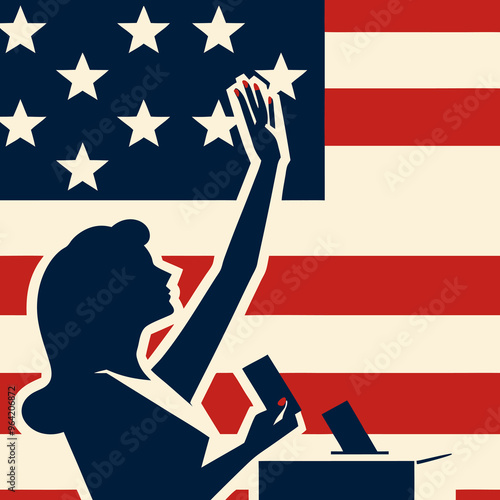 A depiction of a man and woman, each raising their hand to cast a vote and delivering speeches, symbolizing active participation in democracy
