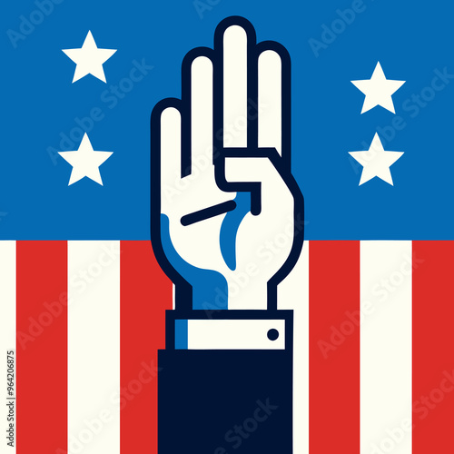 A depiction of a man and woman, each raising their hand to cast a vote and delivering speeches, symbolizing active participation in democracy
