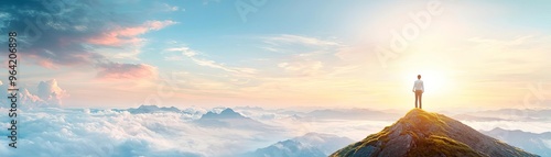 A confident entrepreneur standing on a mountain peak at sunrise