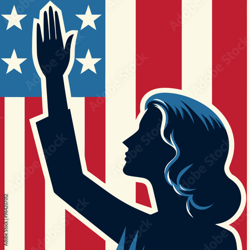 A depiction of a man and woman, each raising their hand to cast a vote and delivering speeches, symbolizing active participation in democracy
