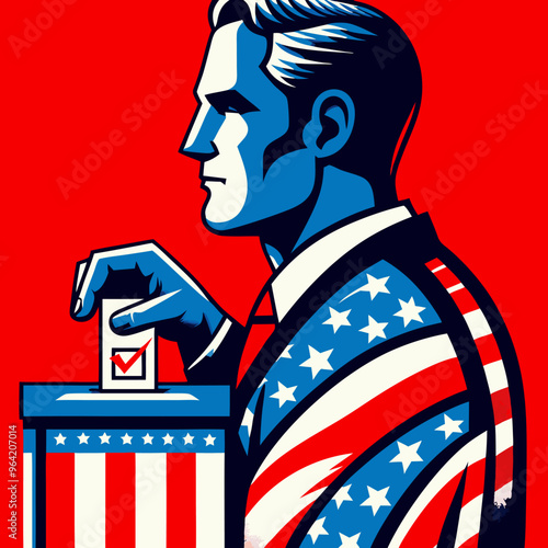 A depiction of a man and woman, each raising their hand to cast a vote and delivering speeches, symbolizing active participation in democracy
