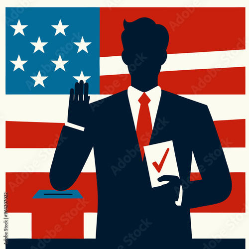 A depiction of a man and woman, each raising their hand to cast a vote and delivering speeches, symbolizing active participation in democracy
