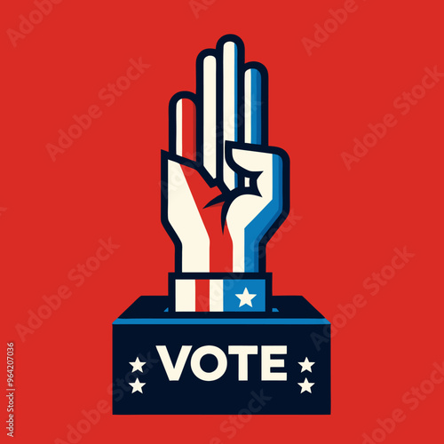 A depiction of a man and woman, each raising their hand to cast a vote and delivering speeches, symbolizing active participation in democracy
