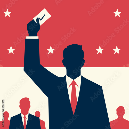 A depiction of a man and woman, each raising their hand to cast a vote and delivering speeches, symbolizing active participation in democracy
