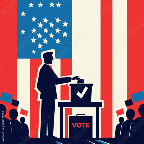 A depiction of a man and woman, each raising their hand to cast a vote and delivering speeches, symbolizing active participation in democracy
