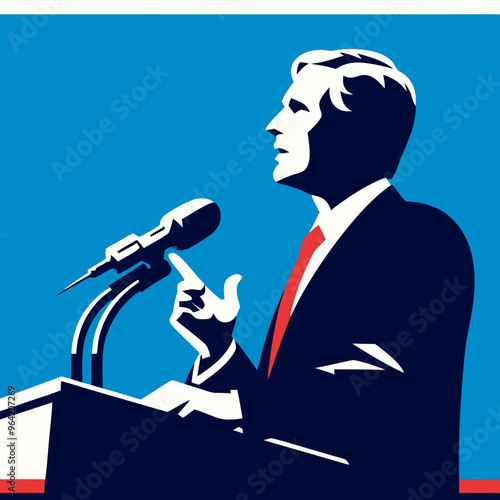 A depiction of a man and woman, each raising their hand to cast a vote and delivering speeches, symbolizing active participation in democracy
