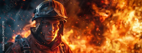 Firefighter in front of a blazing fire. Intense scene, action-packed.