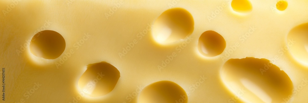 A detailed closeup of a textured yellow cheese slice featuring distinctive holes and patterns A detailed closeup of a textured yellow cheese slice featuring distinctive holes and patterns