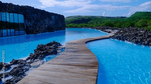 Relax in the Blue Lagoon in Iceland, a geothermal spa surrounded by volcanic landscapes and warm, mineral-rich waters. 