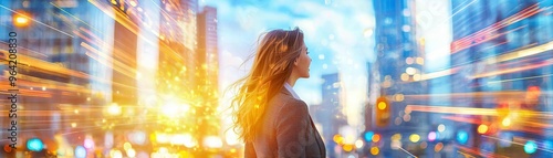 A confident businesswoman standing at a busy intersection photo