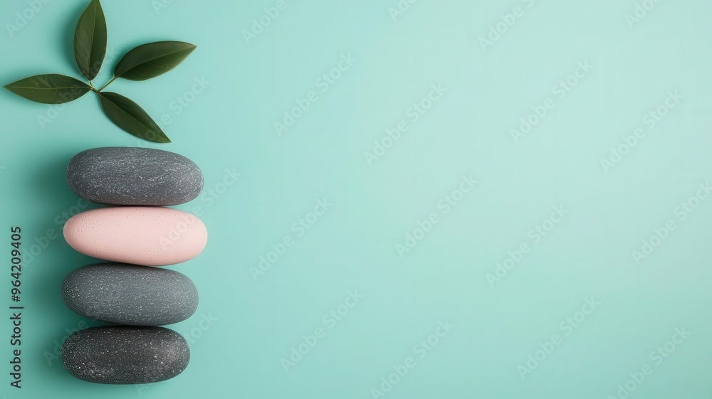 Fototapeta premium A tranquil arrangement of smooth stones and green leaves on a mint background, symbolizing peace and wellness.