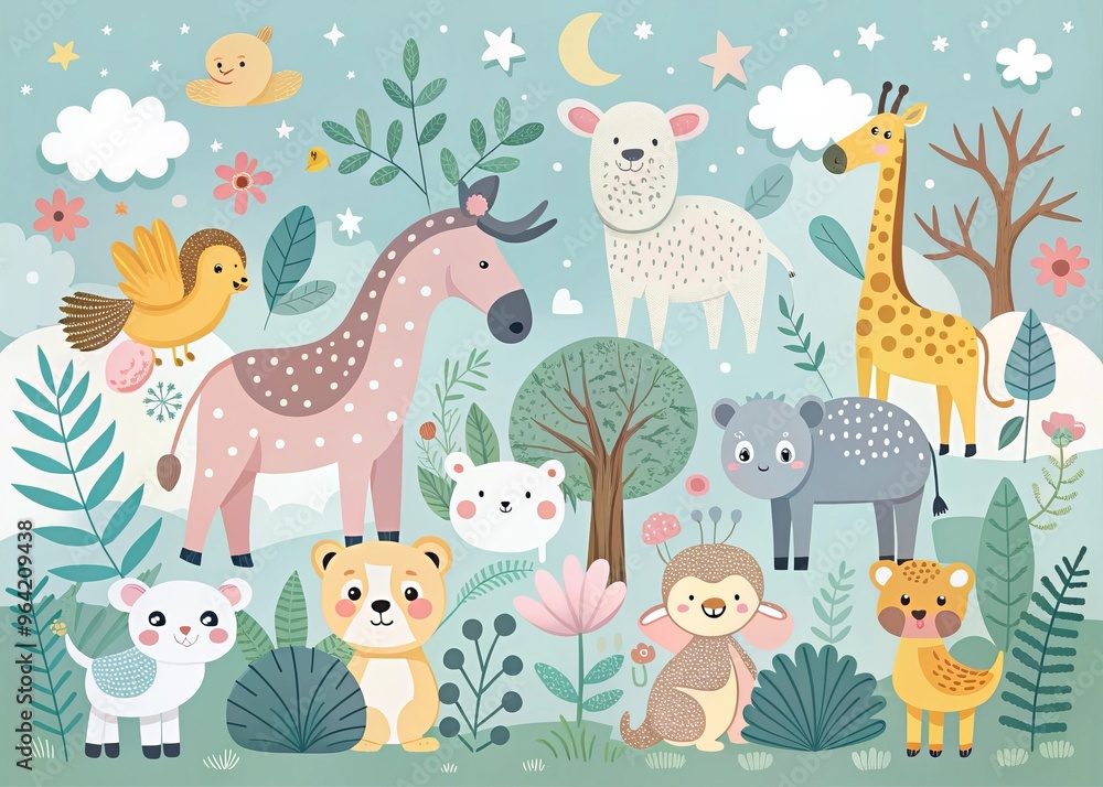 Fototapeta premium whimsical animal world design vector illustrations pastel colors flat style mood