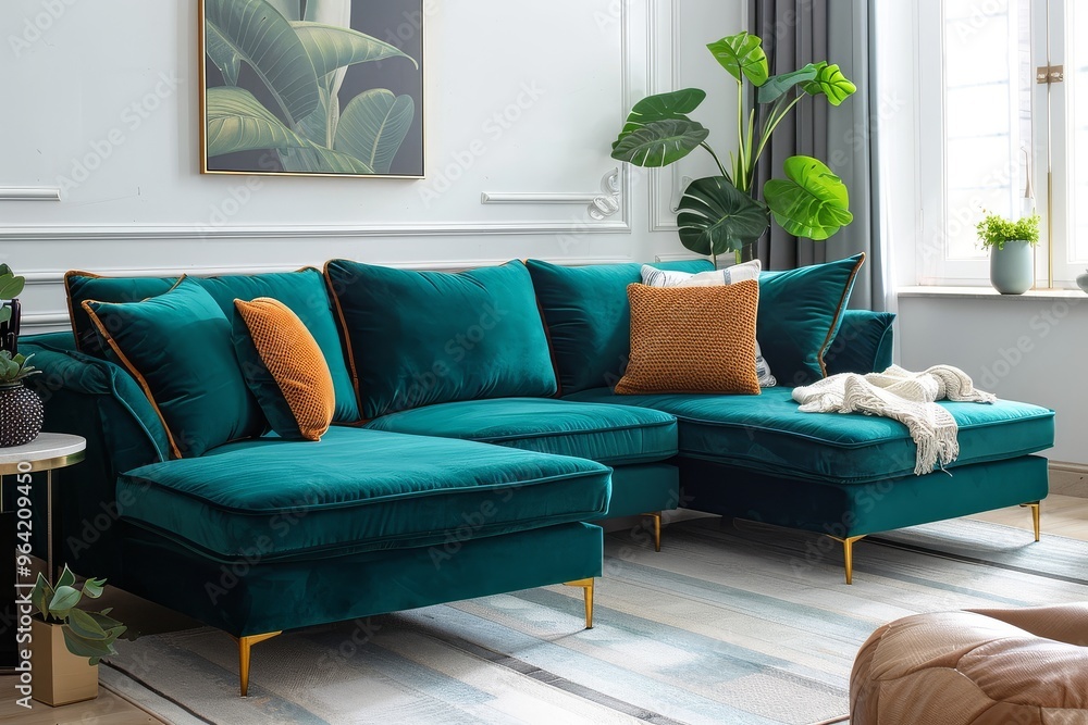 Fototapeta premium Dark teal velvet fabric sofa with chaise lounge, gold legs, and brass armrests, modern living room with plants and white walls.