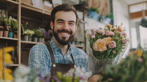 Man arranges flowers photo