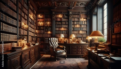 Classic Library Interior with Dark Wood Bookshelves Full of Leather-Bound Books and Desk with Reading Lamp