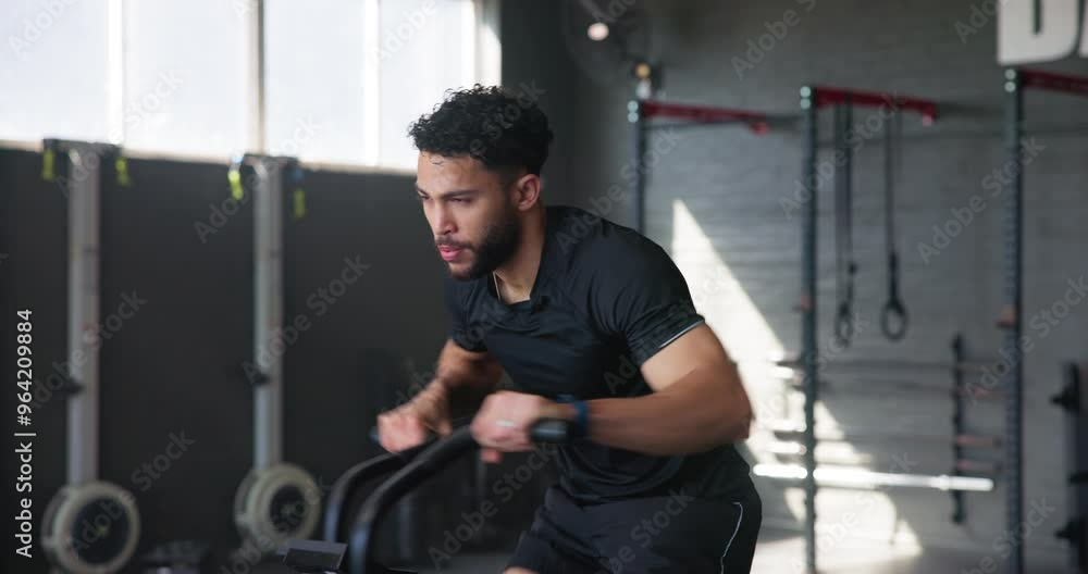 Man, workout and exercise bike in gym for fitness, training and health with cardiovascular benefits. Athlete, cycling and elliptical machine for weight loss, muscle growth or endurance with intensity Man, workout and exercise bike in gym for fitness, training and health with cardiovascular benefits. Athlete, cycling and elliptical machine for weight loss, muscle growth or endurance with intensity