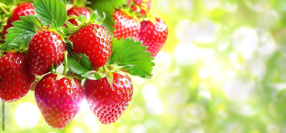 Close up of ripe, juicy strawberries on a vine, with green leaves and a blurred background. Perfect for summer and healthy food concepts. Close up of ripe, juicy strawberries on a vine, with green leaves and a blurred background. Perfect for summer and healthy food concepts.
