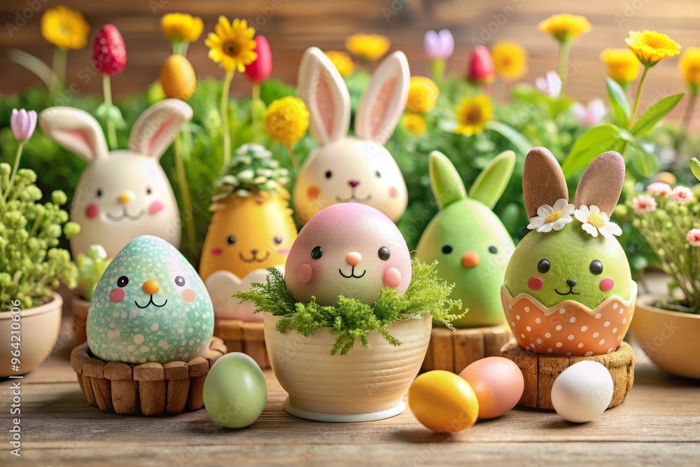 Whimsical Easter decorations with cartoon characters and modern illustrations Whimsical Easter decorations with cartoon characters and modern illustrations