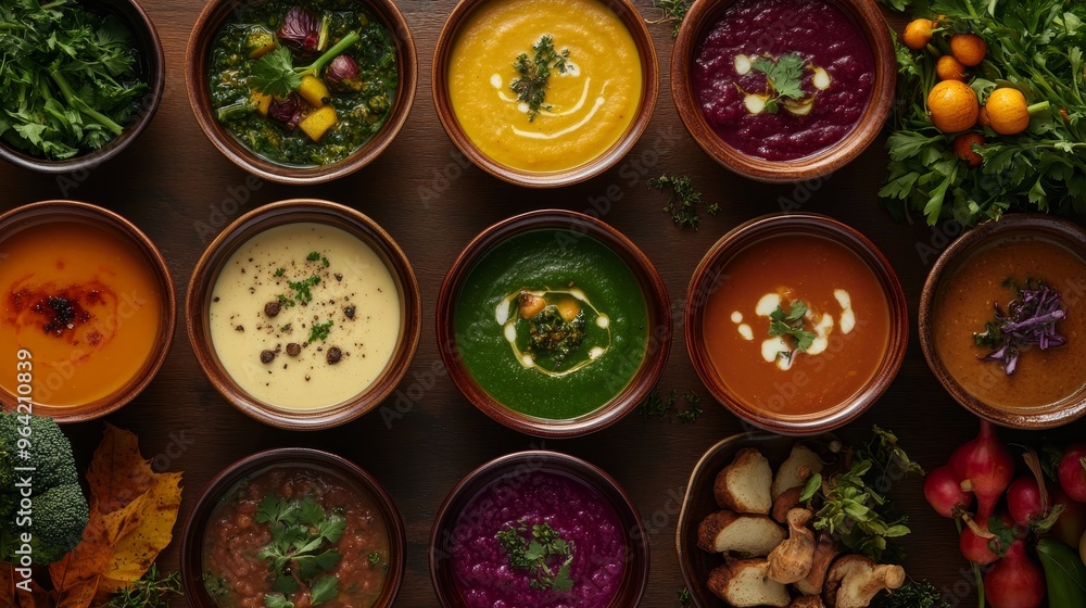 Fototapeta premium Autumnal soups spotlight seasonal vegetables and organic ingredients in vibrant vegan bowls, capturing the essence of the harvest season.