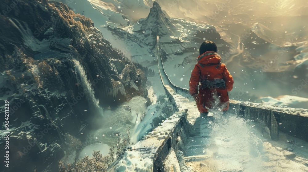 A child sliding down a giant slide ending at a cliff, adventurous, whimsical, and thrilling. A child sliding down a giant slide ending at a cliff, adventurous, whimsical, and thrilling.
