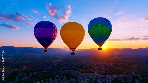 Watch vibrant hot air balloons floating serenely over the unique rock formations of Cappadocia, Turkey, creating a mesmerizing view in the early morning light. 