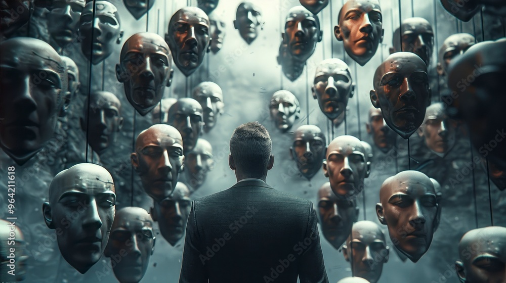 A man in a suit surrounded by hanging masks, creating a conceptual and mysterious image about identity. A man in a suit surrounded by hanging masks, creating a conceptual and mysterious image about identity.