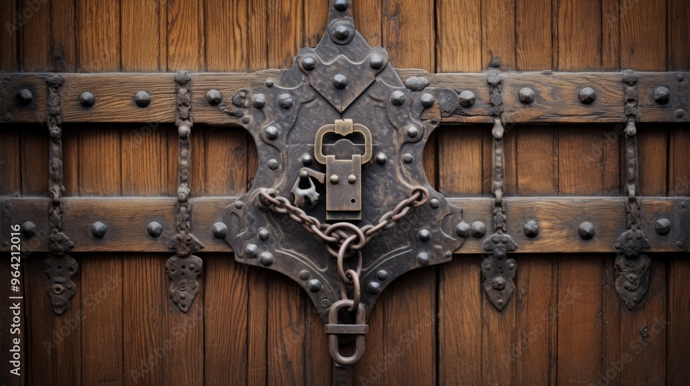 Fototapeta premium Antique door lock from the side. Architectural details from ancient places. Neural network ai generated art