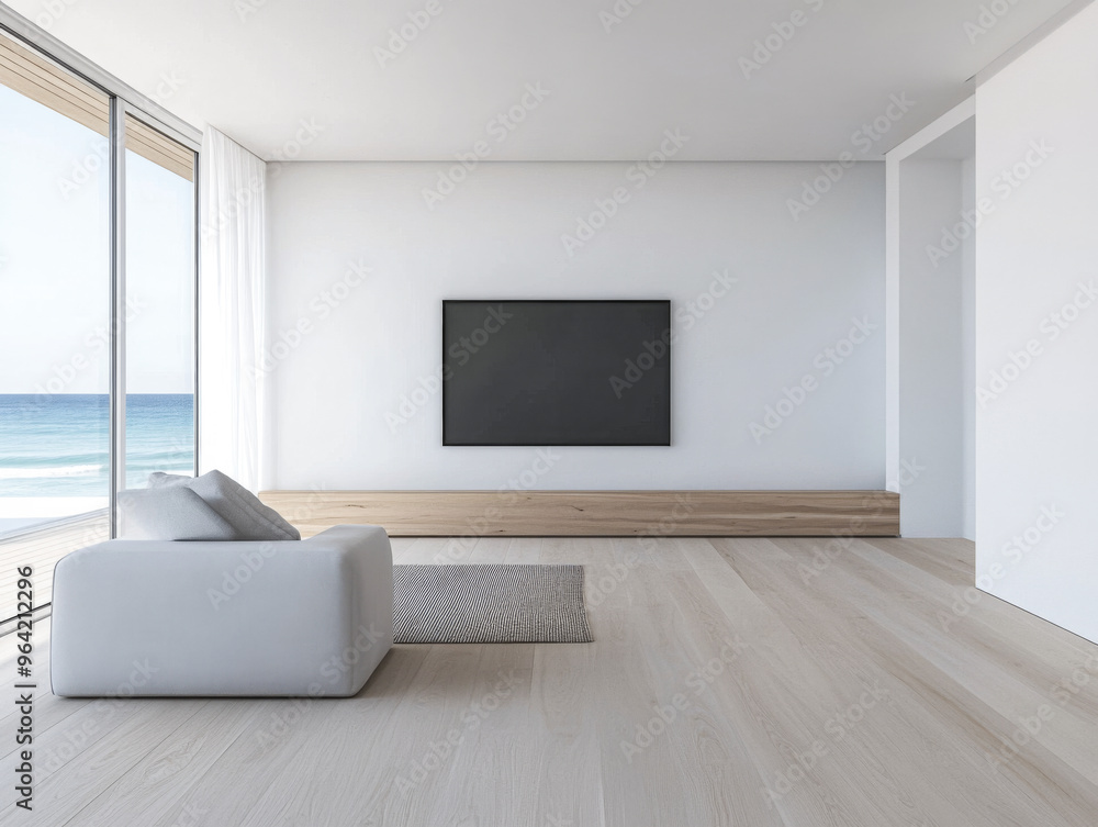 Fototapeta premium Living room in a luxury Mediterranean villa next to the sea with minimalist decor and coastal furniture. Luxury Real Estate homes interior design.