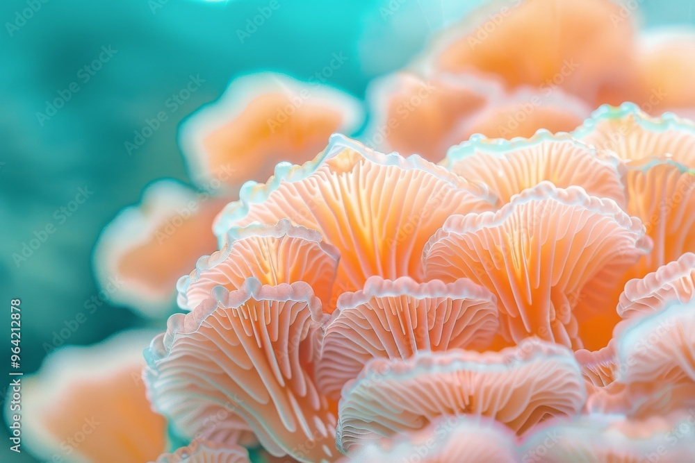 A mesmerizing close-up of coral-like formations with a pastel orange hue, soft and delicate against a backdrop of serene aqua water. A mesmerizing close-up of coral-like formations with a pastel orange hue, soft and delicate against a backdrop of serene aqua water.