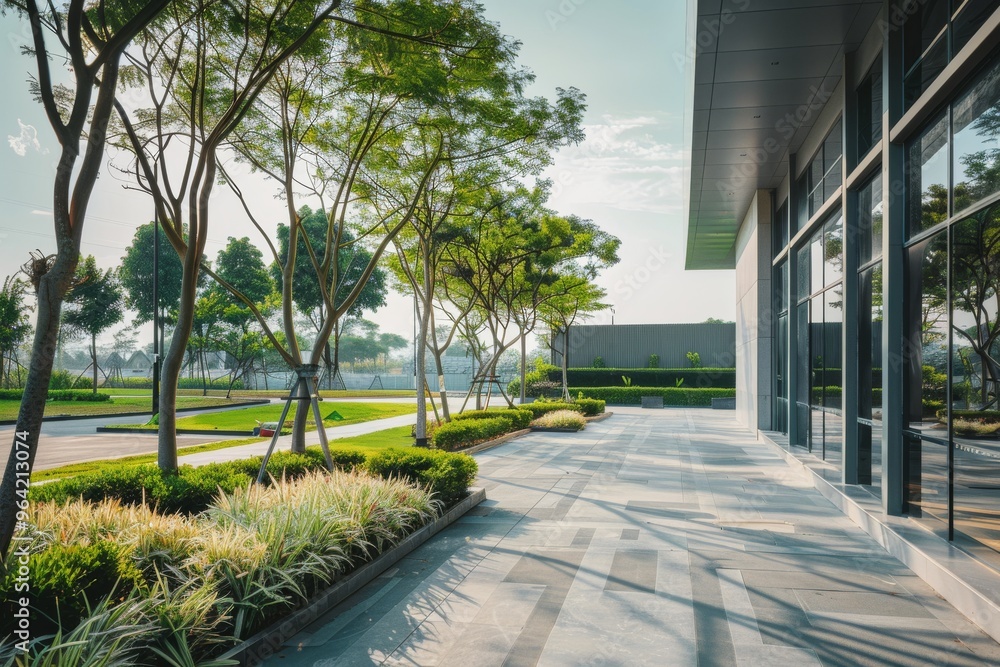 A tranquil morning view of a modern building's entrance surrounded by well-maintained greenery and trees. A tranquil morning view of a modern building's entrance surrounded by well-maintained greenery and trees.