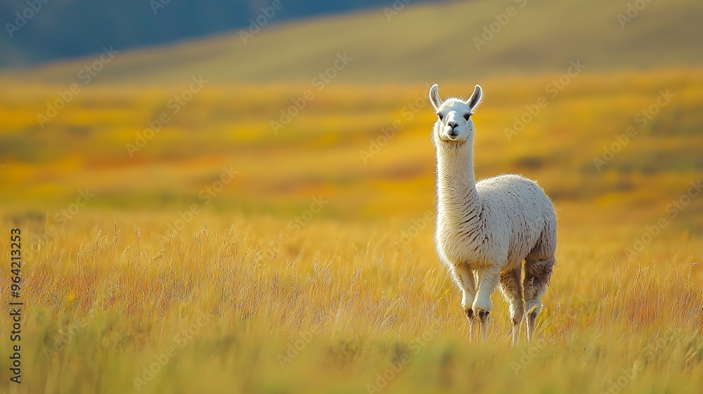 Fototapeta premium White Alpaca in a Field of Golden Grass