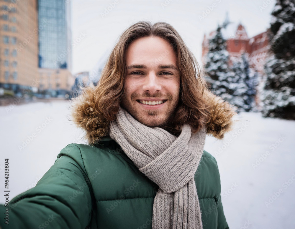 Winter Portrait of Happy Handsome Man Smiling Outdoors Winter Portrait of Happy Handsome Man Smiling Outdoors