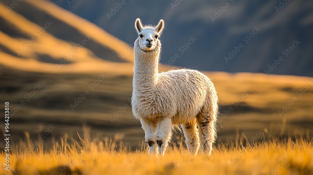 Fototapeta premium White Alpaca Standing in a Field