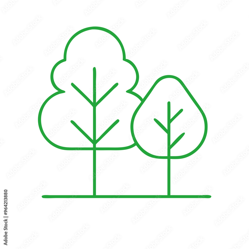 Green Trees Line Icon on Transparent Background

