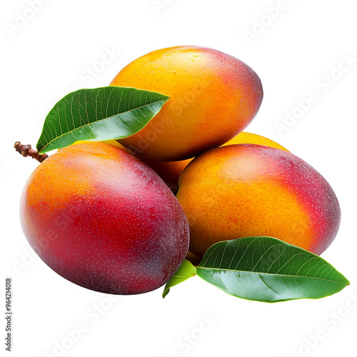 Fresh ripe mangoes with leaves isolated on white background for tropical fruit and healthy snack concept, Cutout, Isolated on White Background