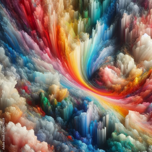 Dynamic abstract artwork featuring a swirling cloudscape of vivid colors, creating a mesmerizing and energetic visual experience. Perfect for creative projects, backgrounds, or artistic inspiration