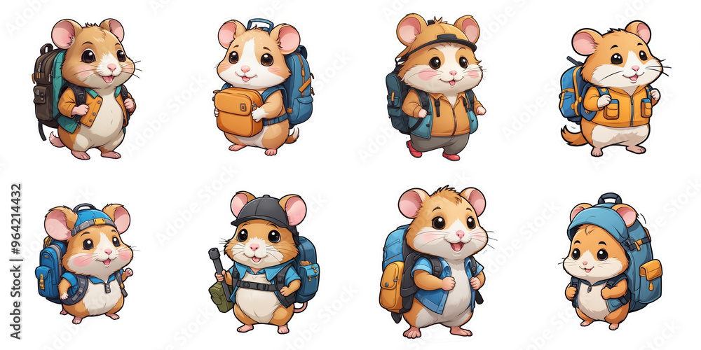 Obraz premium Collection of cartoon-style hamster with back pack