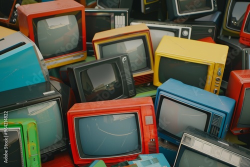 An assortment of colorful, vintage televisions piled up, showcasing the evolution of television technology. photo