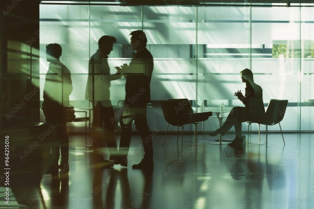 Silhouettes of people interacting in a modern office setting, subtly lit by natural light, evoke a sense of corporate dynamics and teamwork. Silhouettes of people interacting in a modern office setting, subtly lit by natural light, evoke a sense of corporate dynamics and teamwork.
